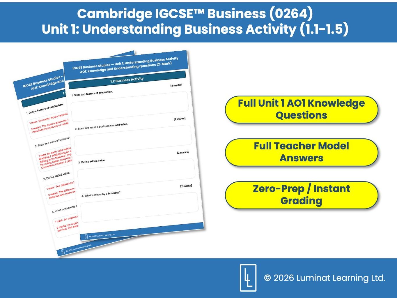 Cambridge IGCSE Business (0264): Unit 1 Understanding Business Activity AO1 Knowledge & Revision Pack (1.1-1.5)
