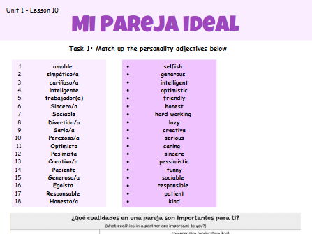 AQA GCSE Spanish Unit 1 Lesson 10: Mi Pareja Ideal