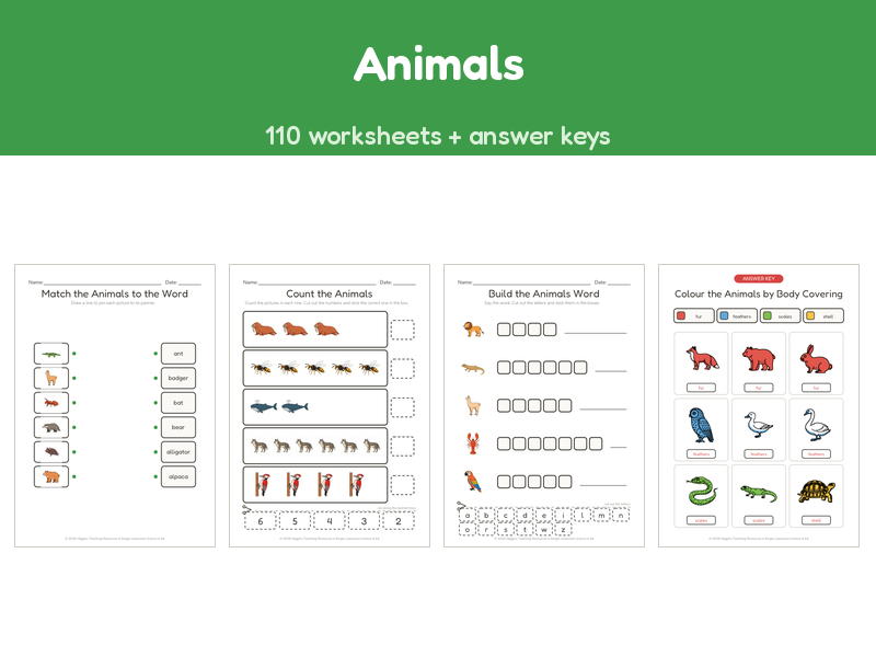 Animals | 110 No-Prep Worksheets + Answer Keys | Ages 5-7
