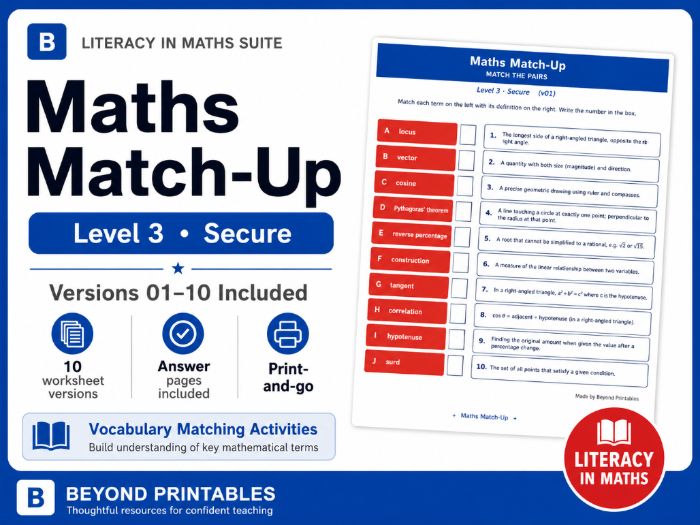Maths Literacy Match-Up – Level 3 Secure | 10 Worksheets, Answers & PowerPoint