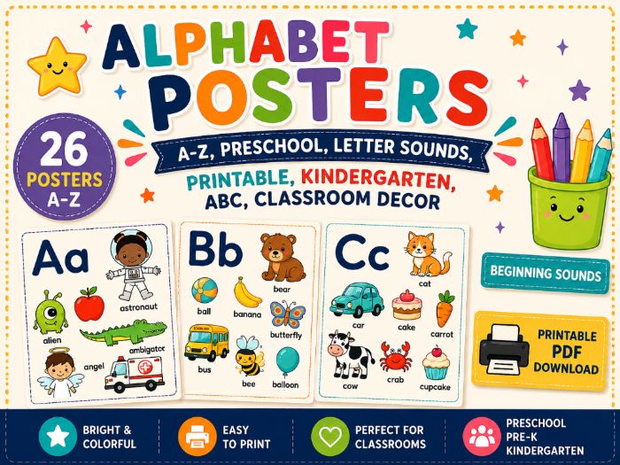 Alphabet Posters, A-Z, Preschool, Letter Sounds, Printable, Kindergarten, ABC, Classroom Decor.