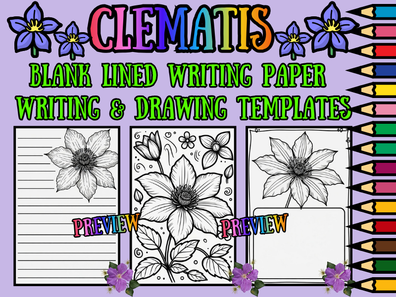 Clematis Flower Coloring Pages & Blank Lined Writing Paper Templates | NO PREP