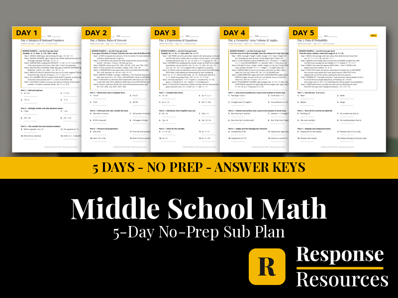 Middle School Math Emergency Sub Plans - 5 Days No Prep Self-Checking Worksheets