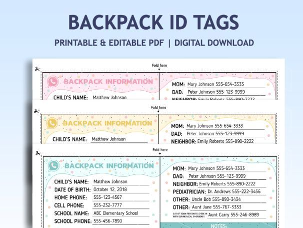Backpack Tag | ICE Child Identification Card | Emergency Card | Allergy Tag