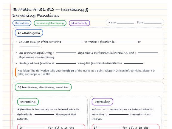 IB Math AI 5.2 - Increasing/Decreasing Functions Notes