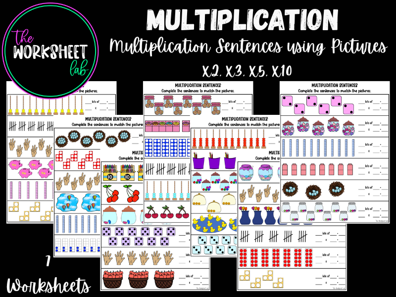 Multiplication Sentences Using Pictures (x2, x3, x5, x10) Worksheets in Colour