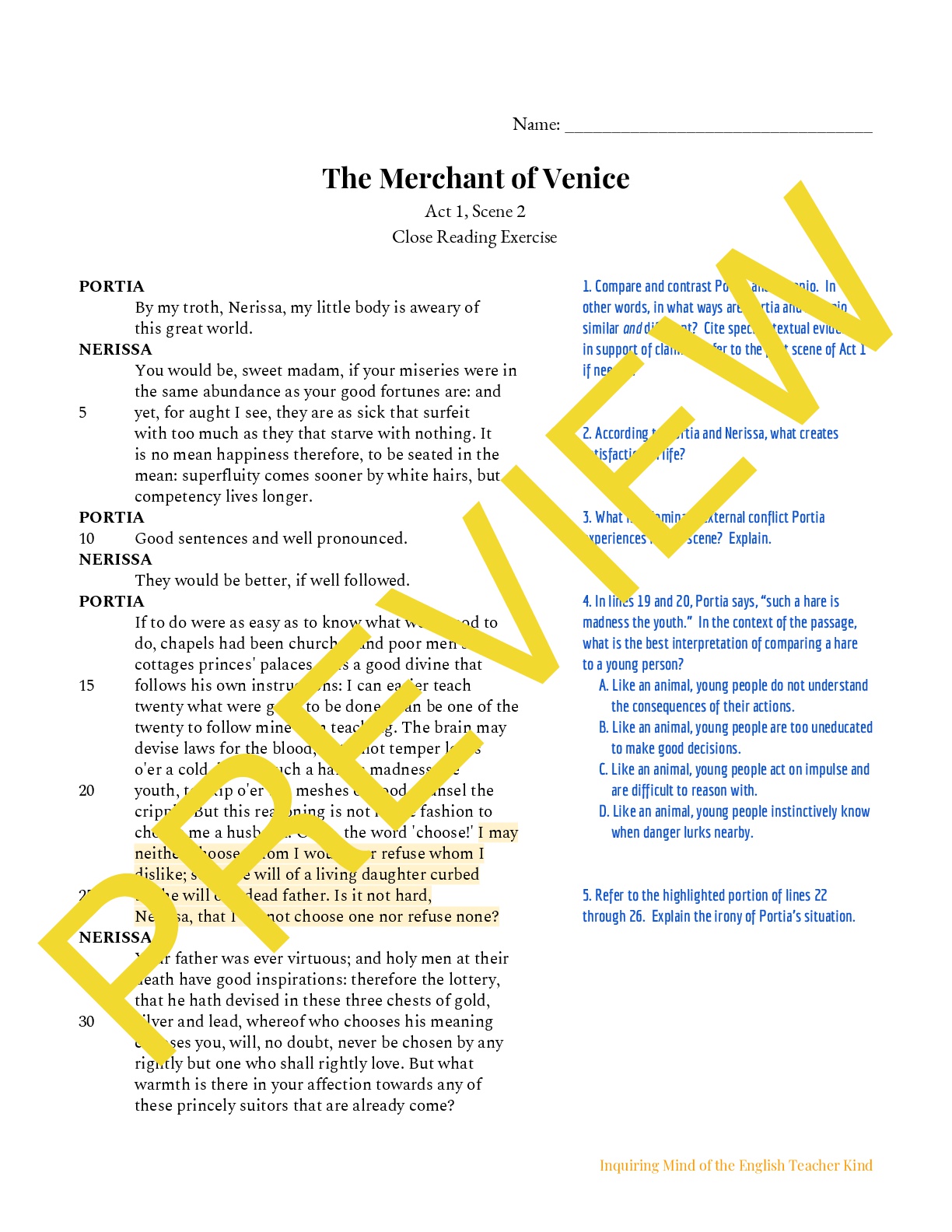 The Merchant of Venice Close Reading Worksheet - Act 1, Scene 2