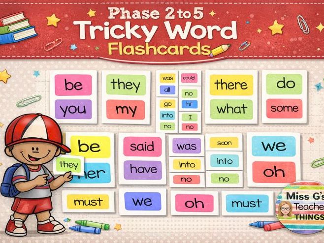 EYFS/KS1 - Phase 2 to 5: Colourful and Fun Tricky Word Flashcards
