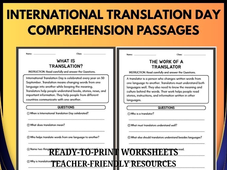 International Translation Day Reading Comprehension | 20 Passages & Questions | Grades 2–8