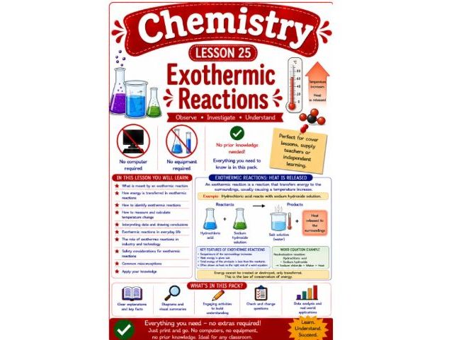 Chemistry cover lesson 25 Exothermic reactions (Ch 25) science