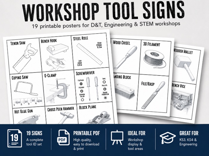 Design & Technology Tool Identification Posters | 19 Workshop Tools & Equipment