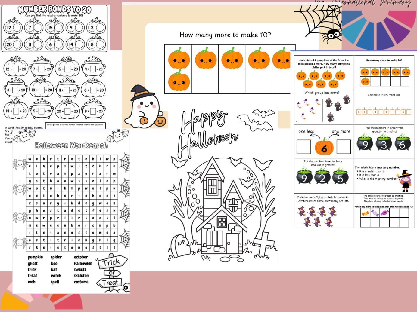 KS1 Halloween Activity Bundle | Colouring | Wordsearch | Number Bonds | Slides