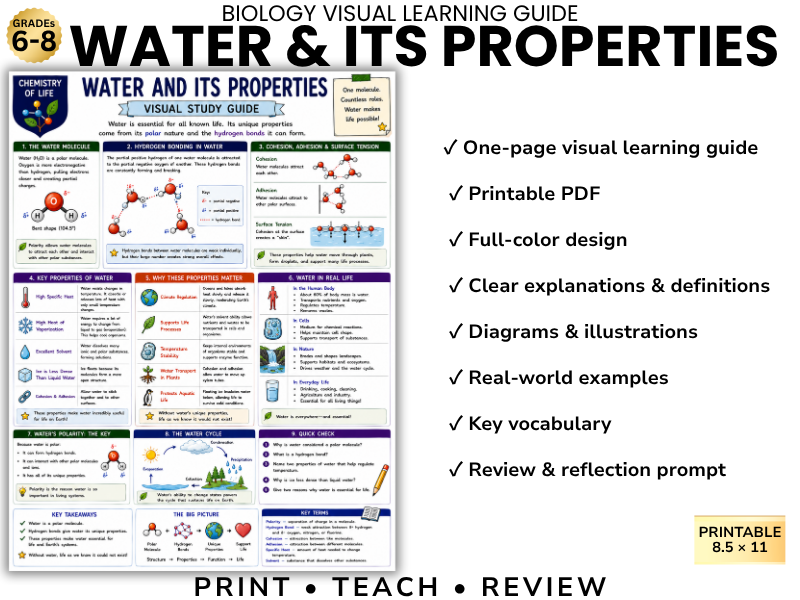 WATER & ITS PROPERTIES Biology Visual Learning Guide | Grade 8 & Middle School Science