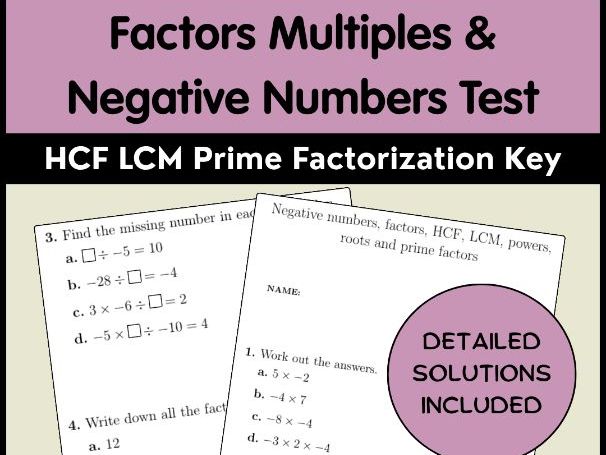 Factors Multiples & Negative Numbers Test | HCF LCM Prime Factorization Key