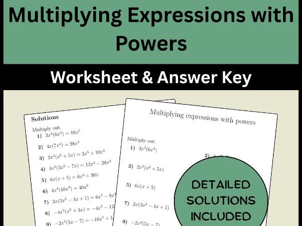 Multiplying Expressions with Powers Worksheet & Answer Key
