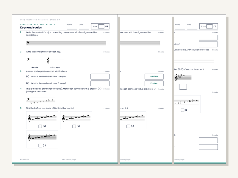 Grades 3–4 Music Theory Worksheets: Keys & Scales (20 Sheets + Answers)