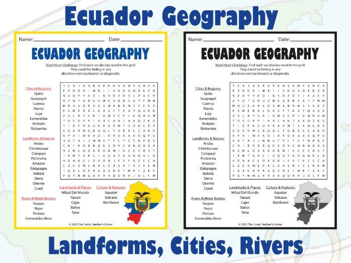 Ecuador Geography Word Search Puzzle | Landforms, Cities, Rivers, and Landmarks