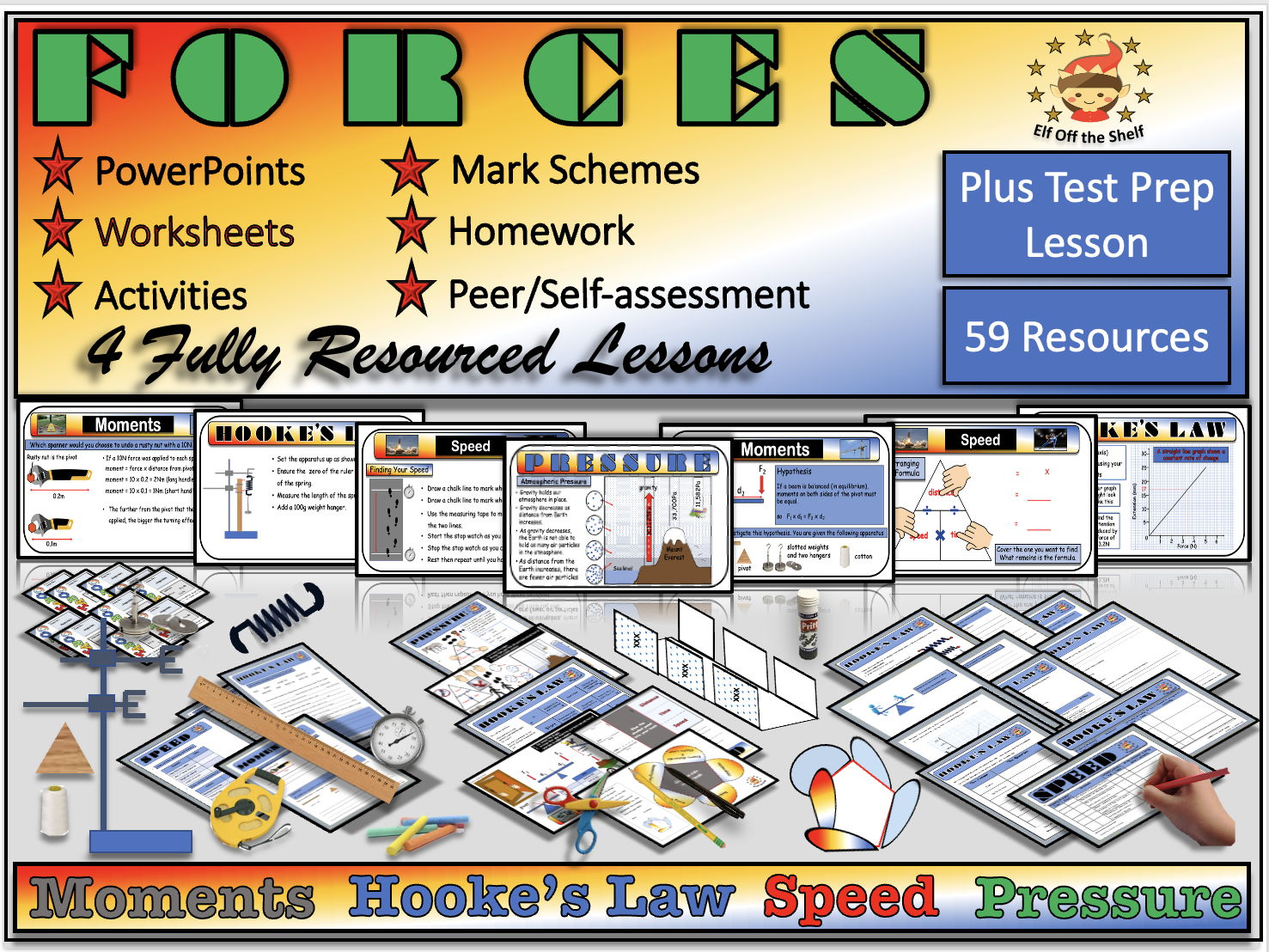 Forces - Moments, Pressure, Speed and Hooke's Law  4 Fully Resourced Lessons Plus Test Prep Lesson KS3