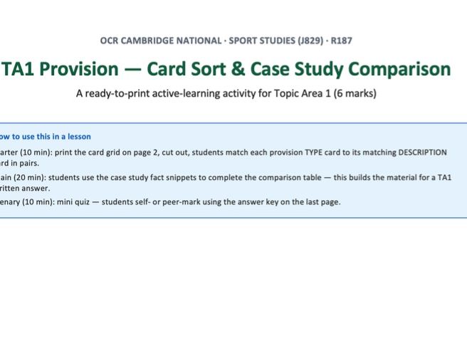 OCR Cambridge National Sport Studies: R187 TA1 Provision Card Sort & Case Study Comparison