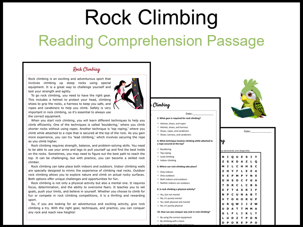 Rock Climbing Reading Comprehension and Word Search Teaching Resources