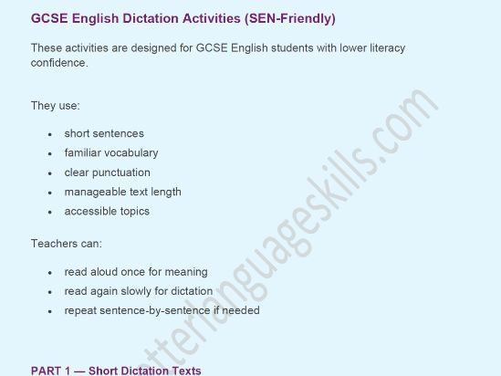 GCSE English Dictation Activities for SEN Students