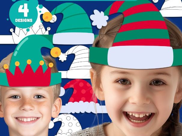 Christmas Elf Crown Templates, Kids Coloring Activity, Cut and Assemble Holiday Headwear