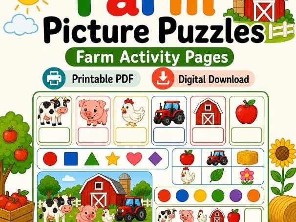 Farm Picture Puzzles | Farm Activity Pages | Printable PDF | Digital Download