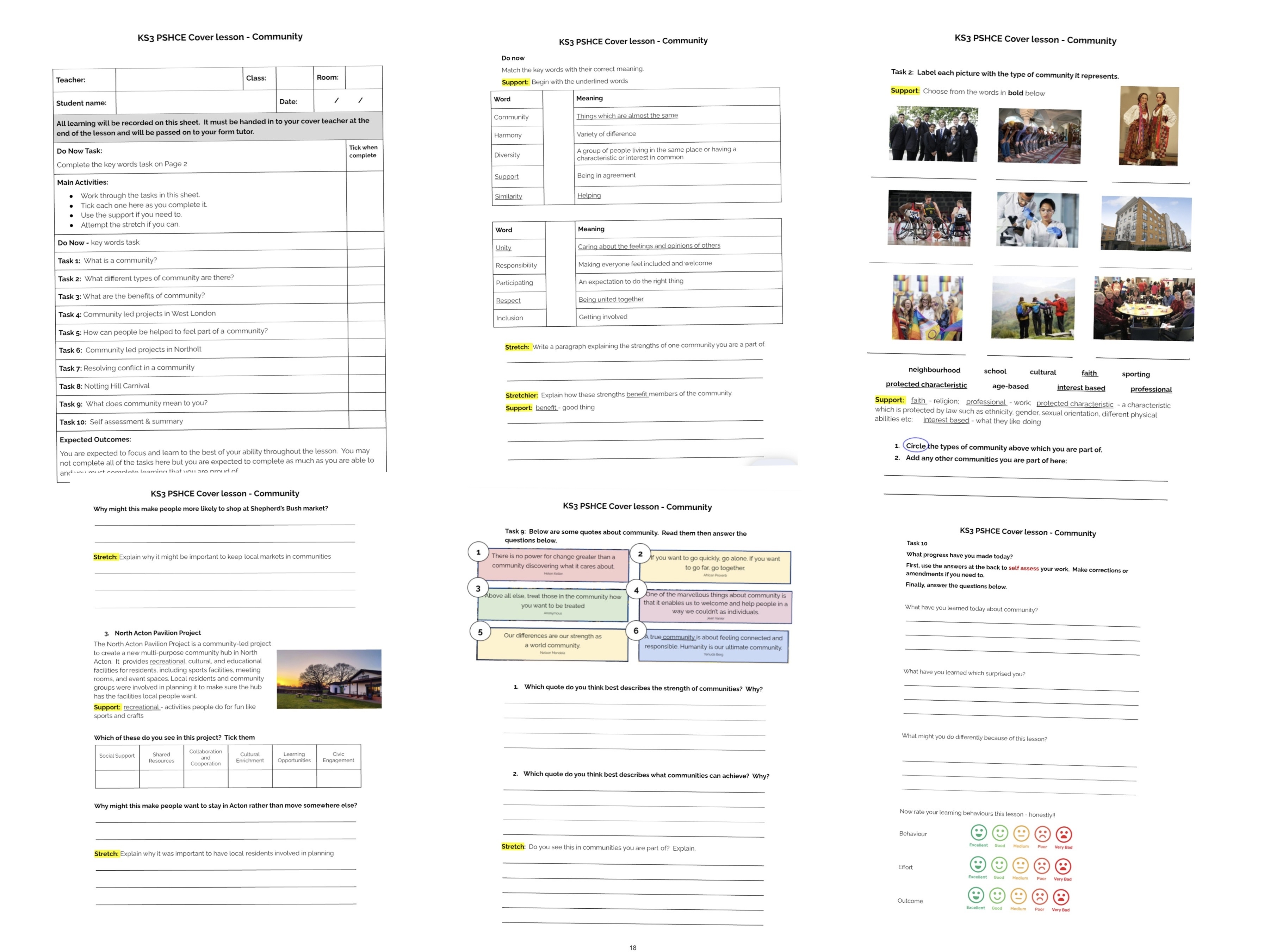 PSHCE cover lesson KS3 & 4 - standalone lesson on community with answers