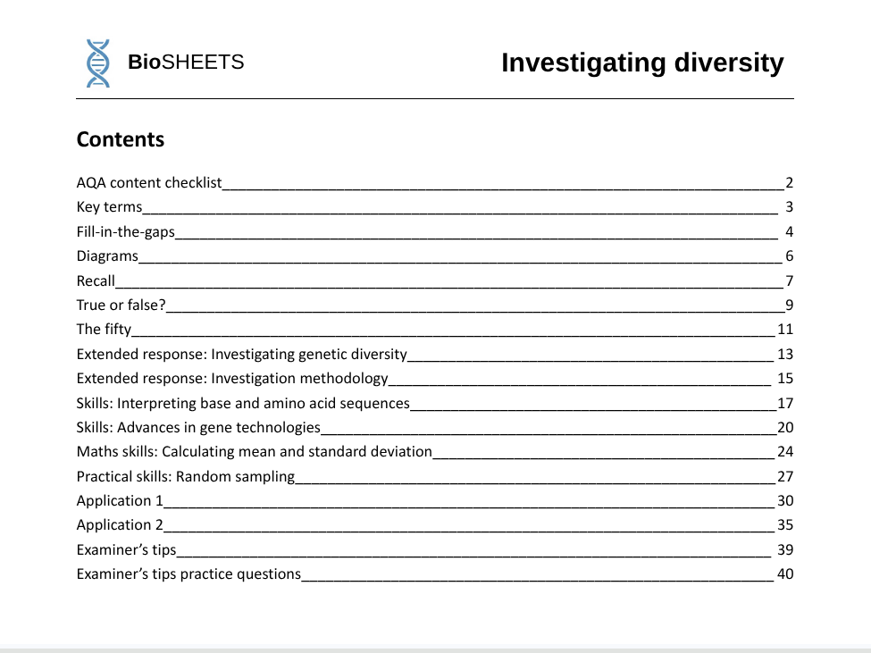 AQA A-Level Biology: 4.7 Investigating diversity – BioSHEETS Complete Study & Practice Pack