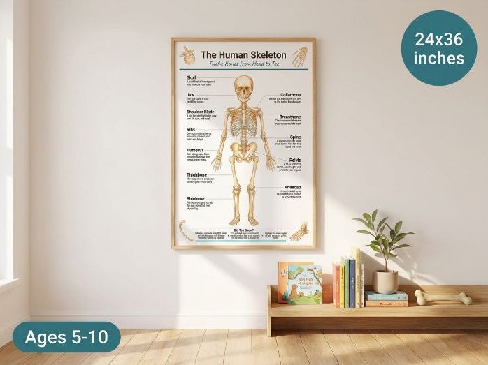 Human Skeleton Poster - Anatomy Wall Chart - Bones Diagram Ages 5-10