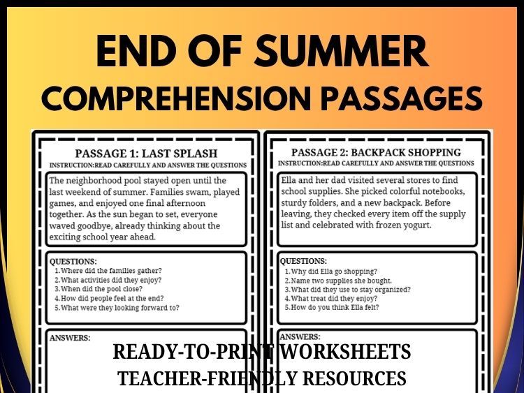End of Summer Reading Comprehension | 20 Passages, 100 Questions & Answer Key