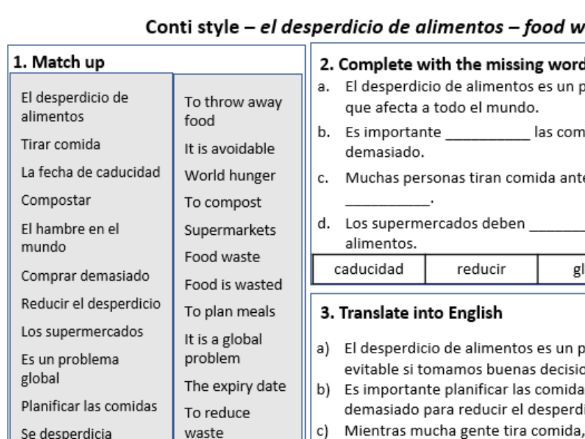 Food Waste in Spanish – Conti-Style Vocabulary & Practice Worksheet (National 5 / GCSE)