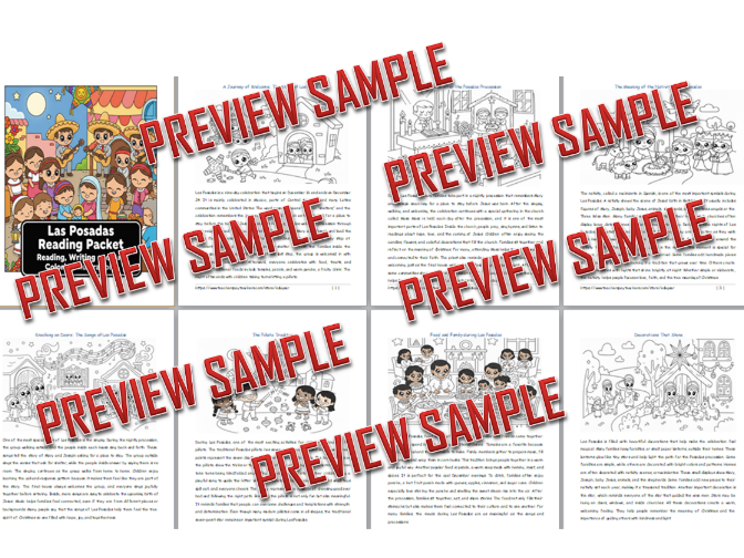 Las Posadas Reading Packet, Writing Activities, and Art Coloring Sheets 17 Pages