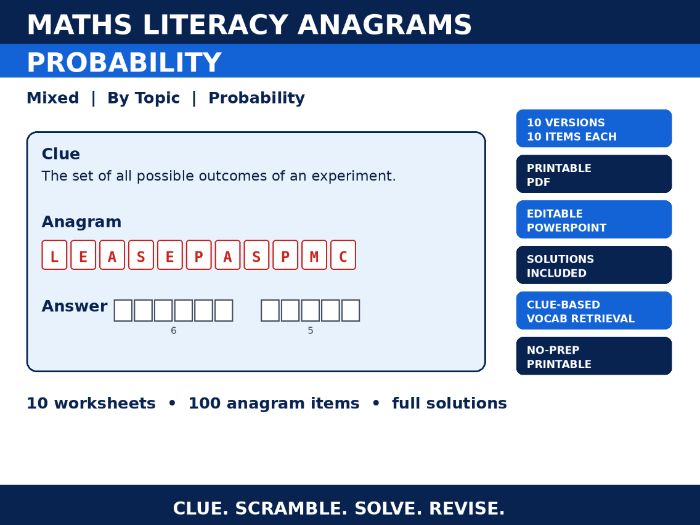 Maths Literacy Anagrams: Probability | 10 Worksheets, Editable PowerPoint + Solutions
