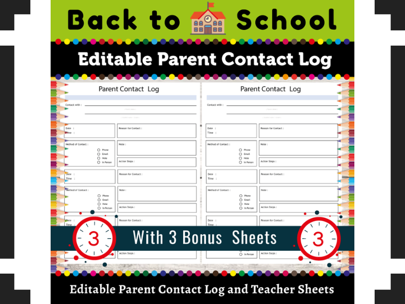 Editable Parent Contact Log and Teacher Sheets : Back to School Essential Forms