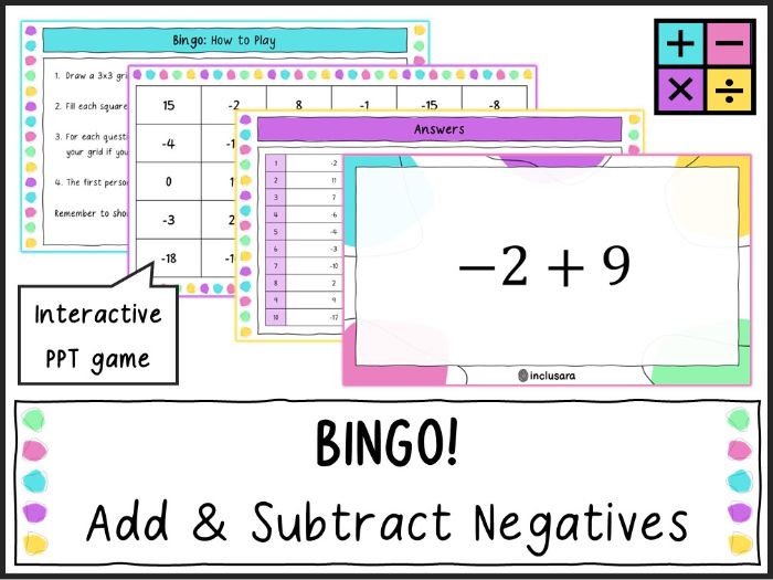 Adding and Subtracting Negative Numbers Bingo Game for KS3