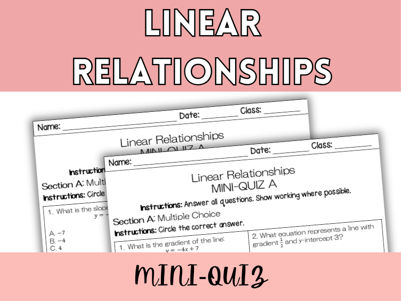 Linear Relationships MINI-QUIZ | 2 Versions (A&B) with MC & Short Answer