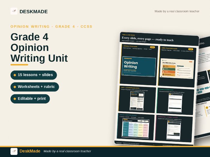 Grade 4 Opinion Writing Unit | 15 Lessons + Slides + Worksheets + Rubric