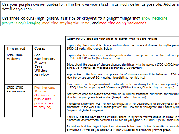 Medicine Through Time Overview Revision HW Edexcel History 9-1