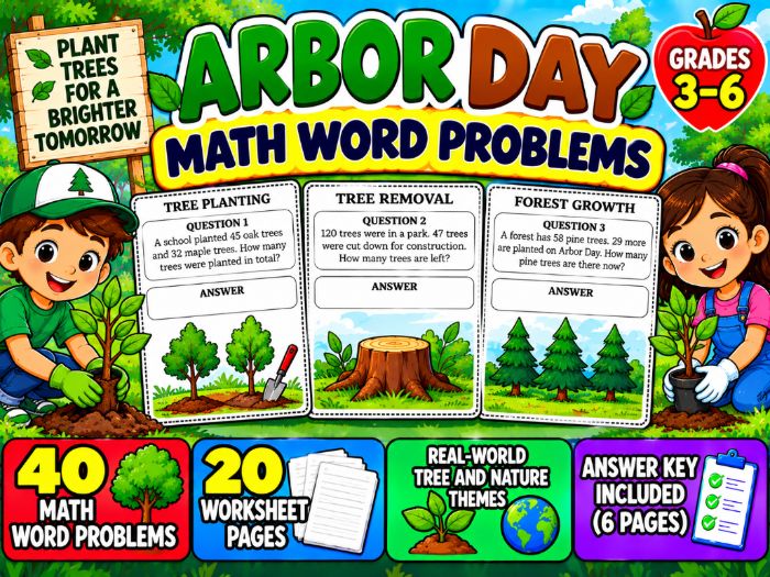 Arbor Day Math Word Problems | 40 Worksheets with Answer Key