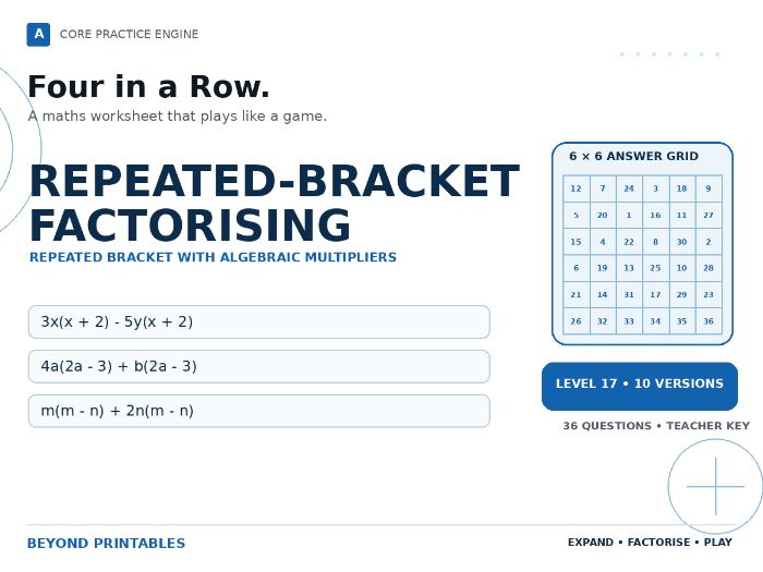 Repeated-Bracket Factorising Four in a Row | 3x(x + 2) - 5y(x + 2) : Level 17 | 10 Maths Games