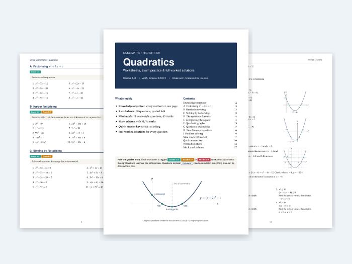 GCSE Maths Higher Quadratics Pack: Worksheets, Mini Mock and Full Worked Solutions (Grades 4-9)