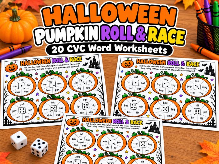Halloween CVC Roll & Race Worksheets | Pumpkin Word Phonics Games | 40 Games