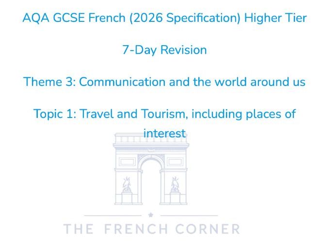2026 AQA GCSE French Higher – 7-Day Revision Booklet 3.1. Travel and Tourism