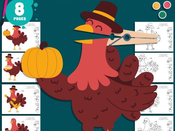 Turkey Clothespin Puppet Craft, Printable Autumn Turkey Activity, Thanksgiving Craft