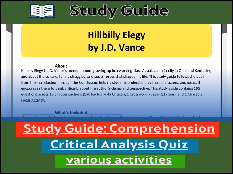 Study Guide for : Hillbilly Elegy by J.D. Vance & Comprehension Test