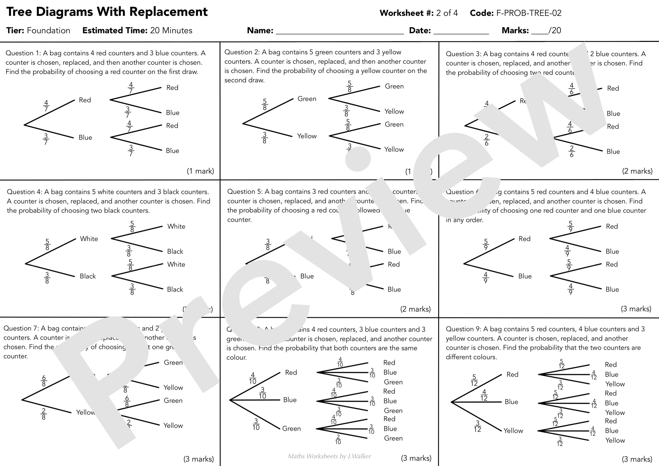 GCSE Maths Worksheet: Tree Diagrams With Replacement - Foundation Tier ...