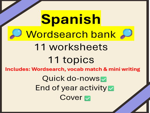 Spanish wordsearches+ activities: 11 worksheets  (GCSE/KS3)