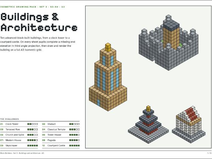 Block Builders Set 3: Buildings & Architecture – A3 Isometric & Orthographic Drawing
