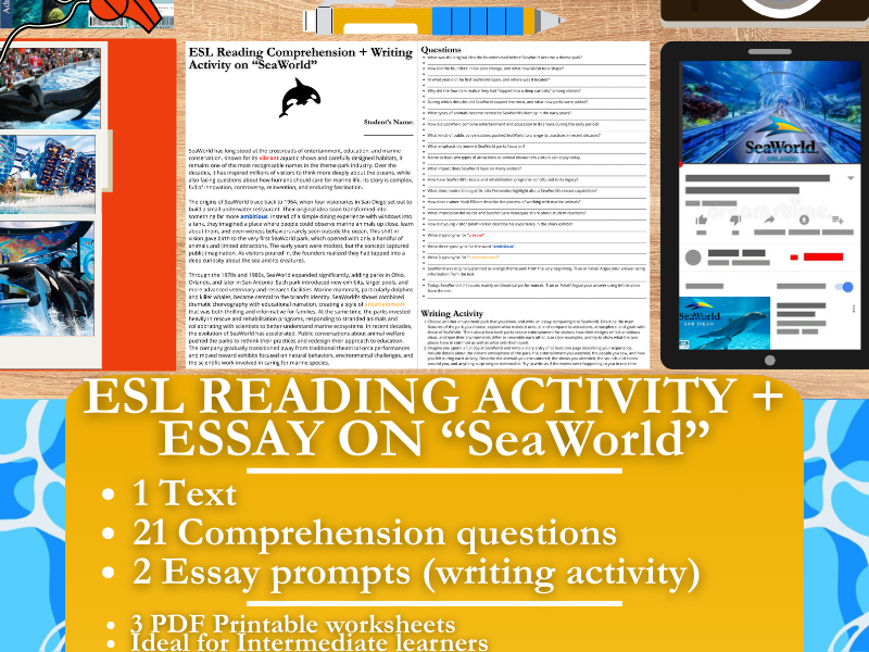 ESL Reading Comprehension   Writing Activity Worksheets SeaWorld